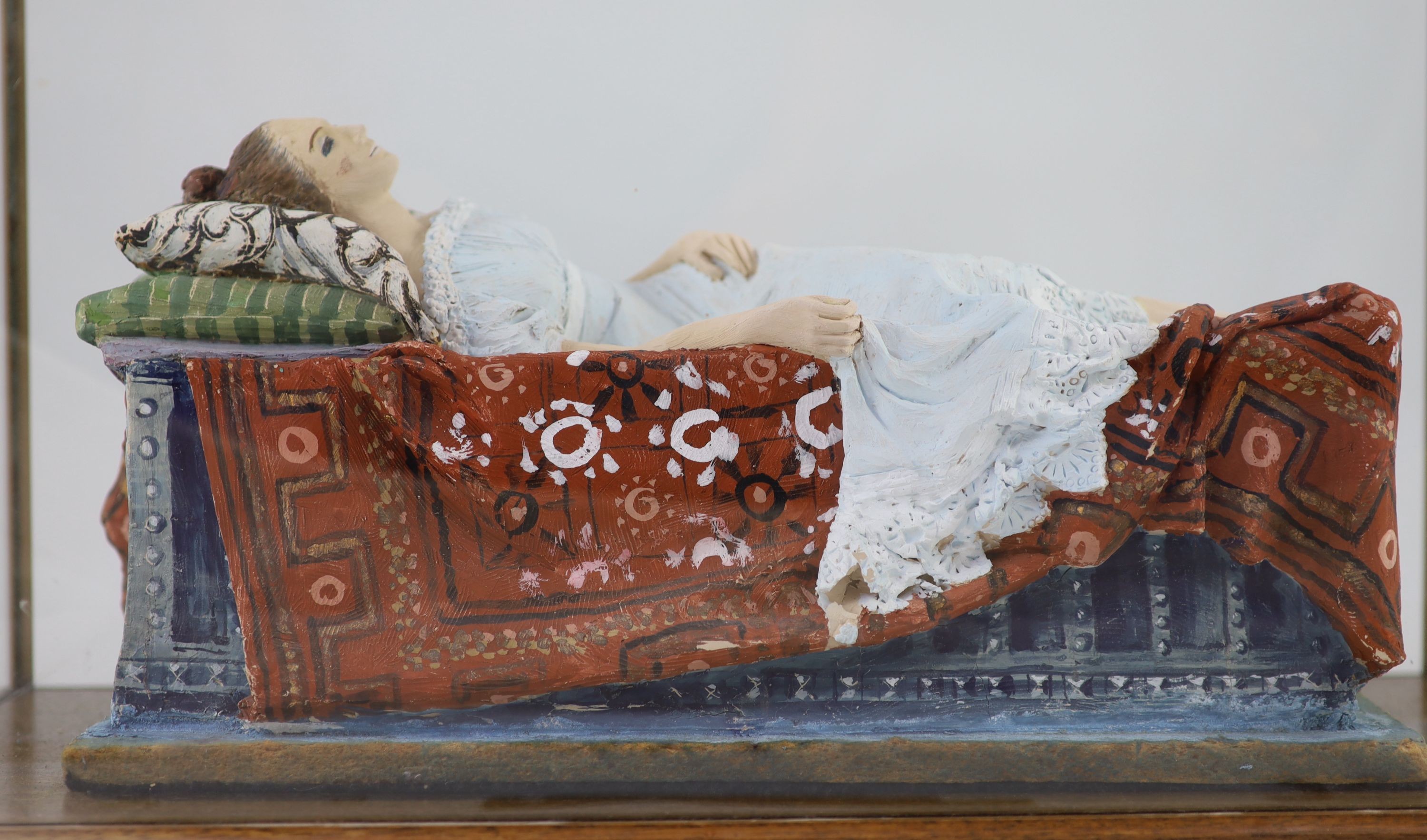 Quentin Bell (1910-1996), painted terracotta figure 'Sleeping Beauty', 45.5 cm long, 23 cm high, 19.5 cm wide, Housed in a glazed case